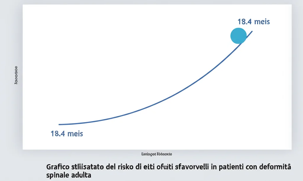 Grafico stilizzato che mostra una curva ascendente con un punto di svolta marcato a 18.4 mesi, rappresentante l'aumento del rischio di esiti sfavorevoli in pazienti con deformità spinale adulta, sfondo neutro, alta definizione.