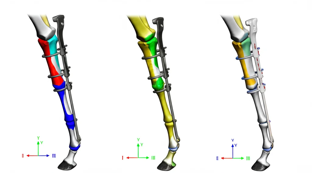 Visualizzazione 3D da software di simulazione biomeccanica che mostra il modello dell'osso MC III di un cavallo con un fissatore esterno applicato, evidenziando le aree di stress sulle viti e sull'osso nelle configurazioni II e III, rendering fotorealistico ad alta definizione.