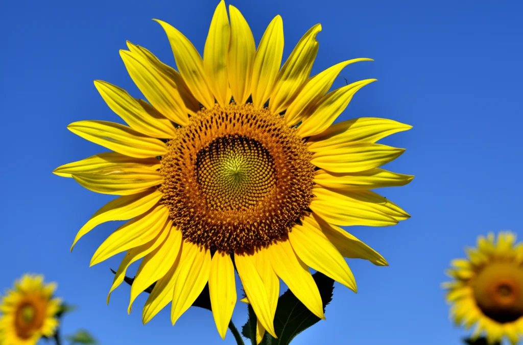 Campo di girasoli rigogliosi in piena fioritura sotto un cielo azzurro brillante, fotografia macro con obiettivo 85mm, messa a fuoco precisa sui petali gialli e sul centro scuro del fiore, illuminazione naturale controllata per evidenziare i dettagli.