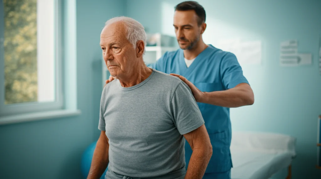 Paziente anziano durante una sessione di fisioterapia post-operatoria alla schiena in una clinica luminosa, focus sul movimento controllato e l'espressione concentrata, luce naturale da finestra, obiettivo 50mm, profondità di campo media.