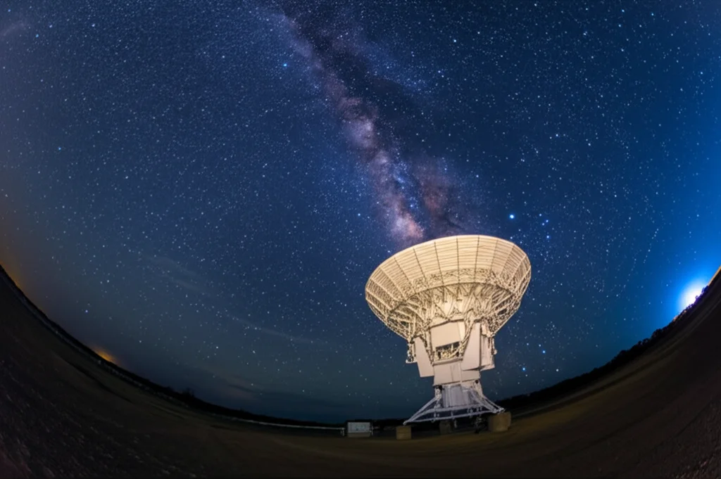 Una vista grandangolare notturna di un radiotelescopio VGOS da 12 metri in Australia, puntato verso il cielo stellato della Via Lattea. Lunga esposizione, messa a fuoco nitida, che mostra le stelle come scie luminose deboli, enfatizzando la connessione tra il telescopio e le sorgenti radio extragalattiche. Wide-angle lens, 15mm, long exposure times, sharp focus.