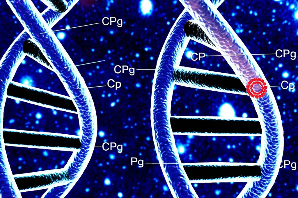Immagine macro ad alta definizione di una doppia elica di DNA visualizzata su uno schermo di computer, con evidenziati specifici siti CpG dove avviene la metilazione. Obiettivo macro 100mm, illuminazione da laboratorio controllata, focus preciso sui dettagli molecolari.