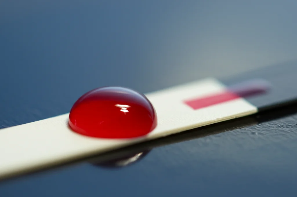 Primo piano macro di una goccia di sangue su una striscia reattiva per glucosio tradizionale, messa a fuoco precisa sui dettagli della striscia, illuminazione controllata da laboratorio, obiettivo macro 100mm, alta definizione, che illustra il metodo di misurazione attuale.