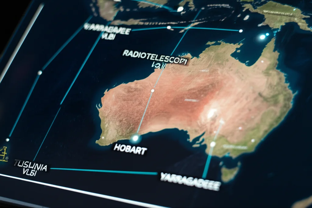 Una mappa stilizzata dell'Australia su uno schermo digitale high-tech, con punti luminosi che rappresentano i radiotelescopi di Hobart, Katherine e Yarragadee. Linee luminose collegano le stazioni, simboleggiando i baseline VLBI. Un quarto punto lampeggiante in Tasmania indica la posizione ottimale simulata per una nuova stazione. Macro lens, 90mm, high detail, precise focusing.