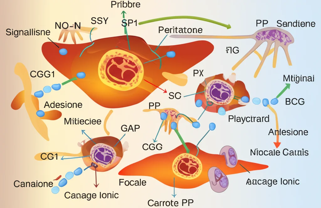 Illustrazione scientifica astratta che mostra cellule epatiche interagenti, con evidenziati i percorsi di segnalazione come l'adesione focale e i canali ionici. Colori vibranti ma scientificamente accurati, stile infografico.