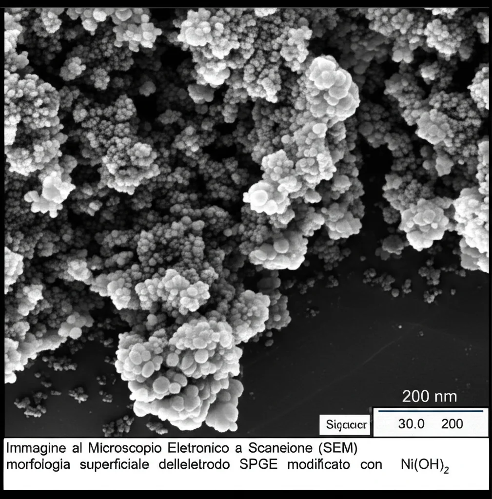Immagine al Microscopio Elettronico a Scansione (SEM) che mostra la morfologia superficiale dell'elettrodo SPGE modificato con Ni(OH)2, evidenziando le nanostrutture agglomerate simili a roccia, alta magnificazione (scala 200 nm), dettagli nitidi.