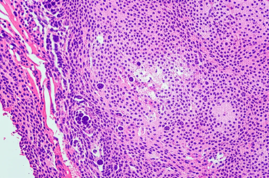 Visualizzazione al microscopio di cellule polmonari affette da fibrosi interstiziale e distruzione alveolare tipica dell'enfisema, con focus su neutrofili (granulosi) e linfociti (più piccoli, nucleo tondo) nel contesto infiammatorio. Illuminazione controllata da laboratorio, lente macro 100mm, alta definizione dei dettagli cellulari.