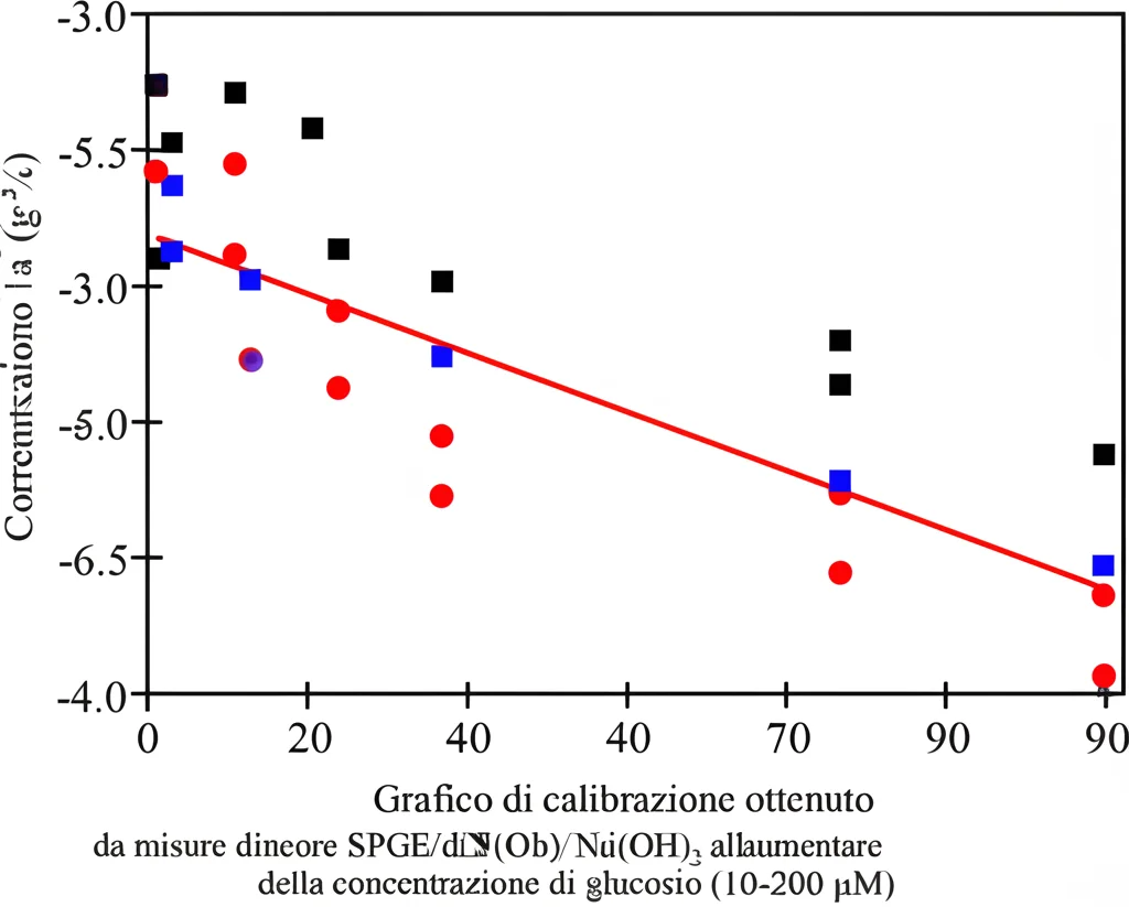Grafico di calibrazione ottenuto da misure di cronoamperometria, che mostra la corrente di risposta lineare del sensore SPGE/Ni(OH)2 all'aumentare della concentrazione di glucosio (range 10-200 µM), con punti dati sperimentali e linea di regressione, visualizzato su schermo digitale.