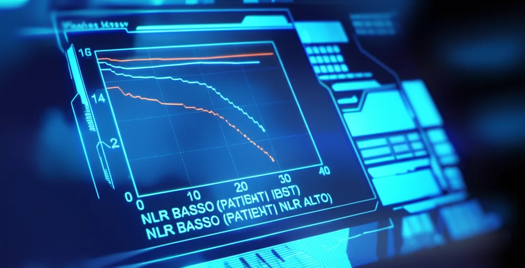 Grafico scientifico astratto tipo Kaplan-Meier che mostra due curve di sopravvivenza distinte: una per pazienti con NLR basso (sopra) e una per pazienti con NLR alto (sotto), evidenziando la differenza prognostica. Visualizzato su uno schermo digitale, stile high-tech, colori principali blu e arancione duotone.