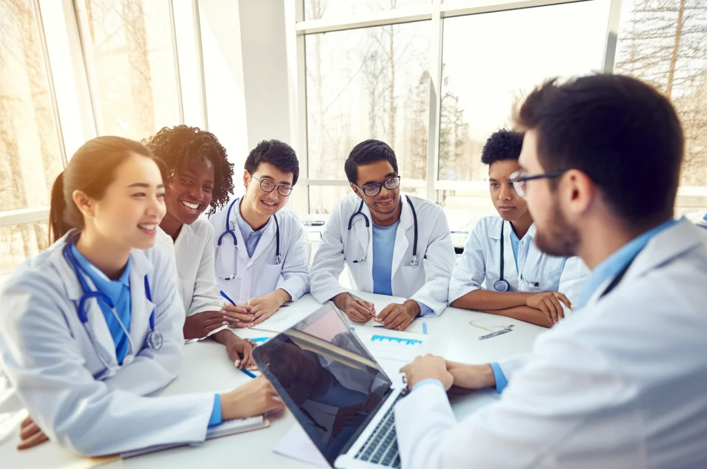 Fotografia di un gruppo eterogeneo di studenti di medicina (asiatici, bianchi, neri, uomini e donne) che discutono animatamente ma in modo collaborativo attorno a un tavolo in una sala studio moderna e luminosa, alcuni sorridono, altri ascoltano attentamente, obiettivo zoom 35mm per catturare l'interazione, luce naturale dalle finestre.
