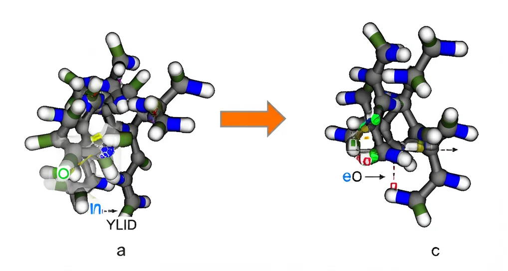 Visualizzazione 3D scientifica che mostra la molecola di YLID. A sinistra, la forma 'storta' (ortorombica) con l'atomo di zolfo leggermente fuori dal piano dell'anello indanico. A destra, la forma 'planare' (monoclina). Le differenze conformazionali sono evidenziate con colori o frecce. Stile grafico pulito, quasi da textbook.
