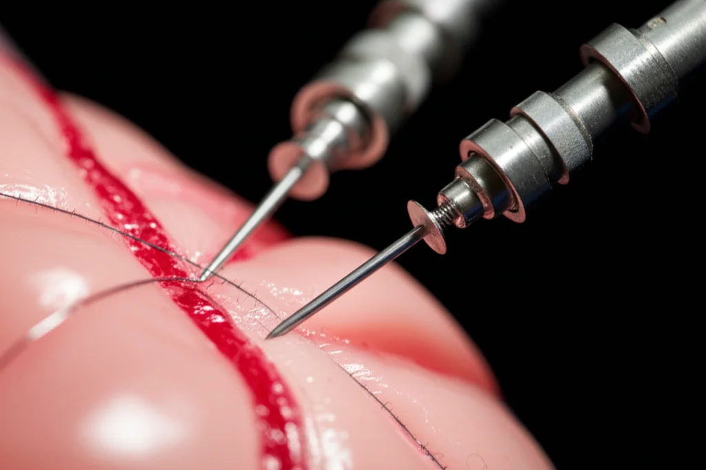 Macro fotografia (obiettivo 90mm) di delicati strumenti chirurgici robotici miniaturizzati che eseguono una sutura precisa su un modello anatomico di giunto pieloureterale infantile. Illuminazione controllata da studio, altissimo dettaglio, focus nitido sulla punta degli strumenti.