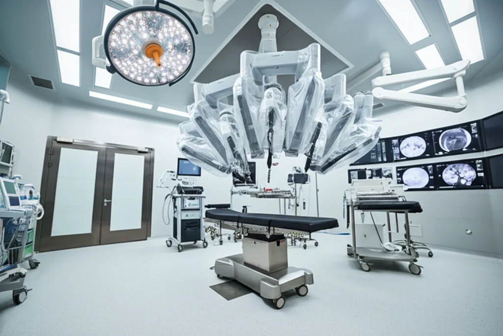 Fotografia grandangolare (obiettivo 15mm) di una sala operatoria pediatrica high-tech. Al centro, il sistema chirurgico robotico con i bracci posizionati sopra un lettino operatorio. Sullo sfondo, monitor mostrano immagini endoscopiche. Illuminazione brillante ma focalizzata sull'area chirurgica, focus nitido sulla tecnologia robotica.