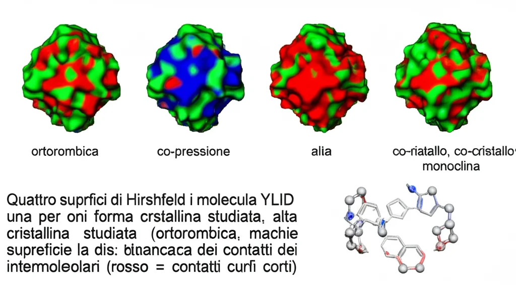 Quattro superfici di Hirshfeld colorate per la molecola YLID, una per ogni forma cristallina studiata (ortorombica, alta pressione, co-cristallo, monoclina). I colori sulla superficie (dal blu al rosso) indicano la distanza dei contatti intermolecolari (rosso = contatti corti). Le forme e le macchie rosse sono visibilmente diverse tra le quattro superfici. Stile: still life scientifico, alta definizione.