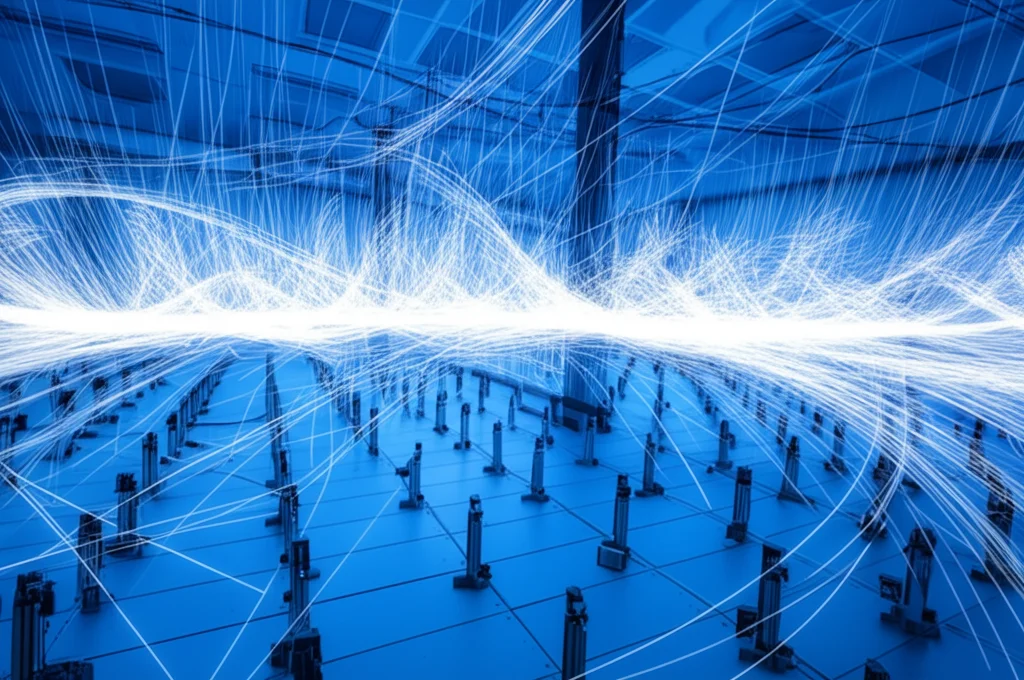 Visualizzazione astratta di onde radio sferiche che emanano da un grande array di antenne MIMO in un ambiente near-field, con linee di dati che vengono compresse prima di essere inviate indietro. Obiettivo grandangolare, 18mm, messa a fuoco nitida sull'array e sulle onde vicine, effetto di lunga esposizione per mostrare il flusso dei dati compressi, illuminazione high-tech bluastra.