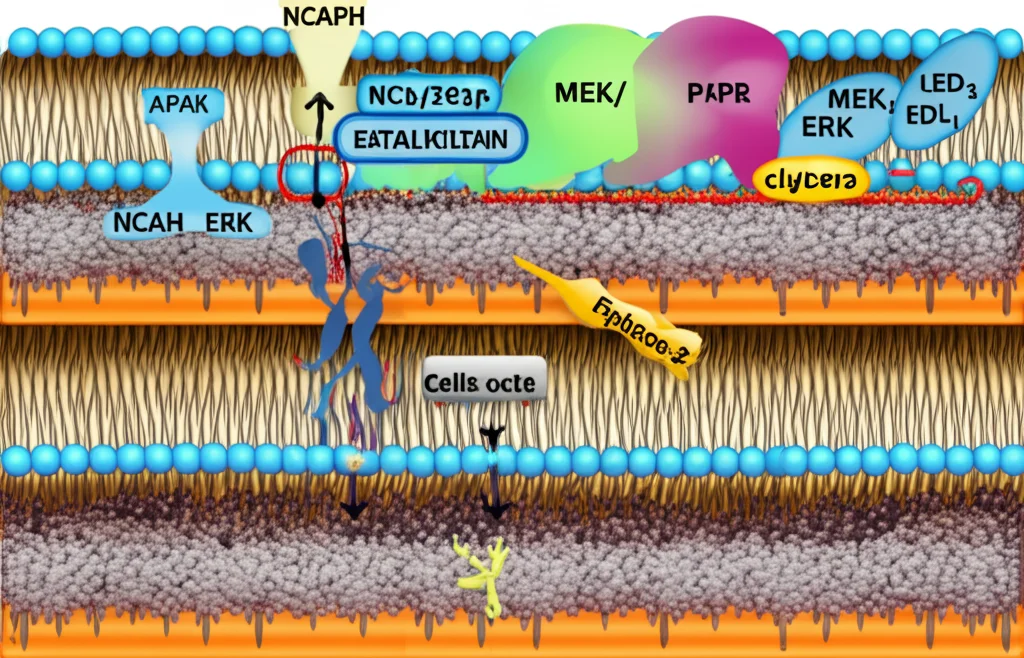 Schema grafico astratto che illustra la proteina NCAPH che attiva la cascata di segnalazione MEK/ERK, portando all'aumento dell'espressione di PD-L1 sulla superficie di una cellula tumorale ovarica. Stile fotorealistico con dettagli molecolari, prime lens 35mm, profondità di campo per focalizzare sull'interazione chiave.