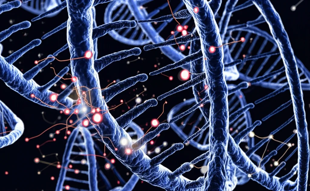 Macro fotografia, obiettivo da 100 mm, dettagli elevati, illuminazione controllata, che mostrano fili intrecciati di DNA che rappresentano l'analisi dei dati multiomici, con sottili punti luminosi che indicano geni identificati relativi all'autofagia e alla malattia renale.