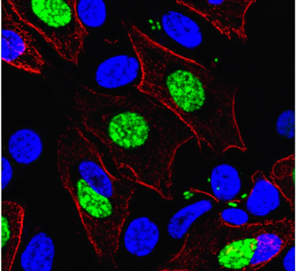 Vista microscopica, alto dettaglio, messa a fuoco precisa, raffigurante cellule tubulari renali con marcatori fluorescenti che evidenziano proteine ​​ATP6V1C1 (verde) e Copa (rosso) che interagiscono con le cellule immunitarie (blu), suggerendo chiacchiere trasversali cellulari durante la transizione da AKI a CKD.