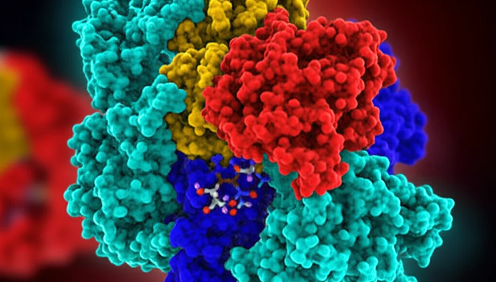 Rendering 3D, alto dettaglio, messa a fuoco precisa, che mostra la struttura molecolare della proteina ATP6V1C1 (pieghe complesse) con la molecola di farmaci SZ (+)-(S) -202-791 (struttura più piccola) attraccata nel suo sito attivo, simulando una potenziale interazione terapeutica, sotto l'illuminazione controllata.