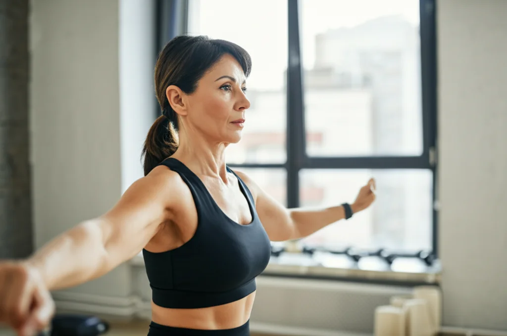 Fotografia di una donna di mezza età, energica ma concentrata, durante una sessione di allenamento HIIT indoor. Obiettivo zoom 24-70mm, f/2.8, luce naturale da una finestra laterale, leggero motion blur per indicare movimento, focus nitido sul viso che esprime determinazione e benessere.
