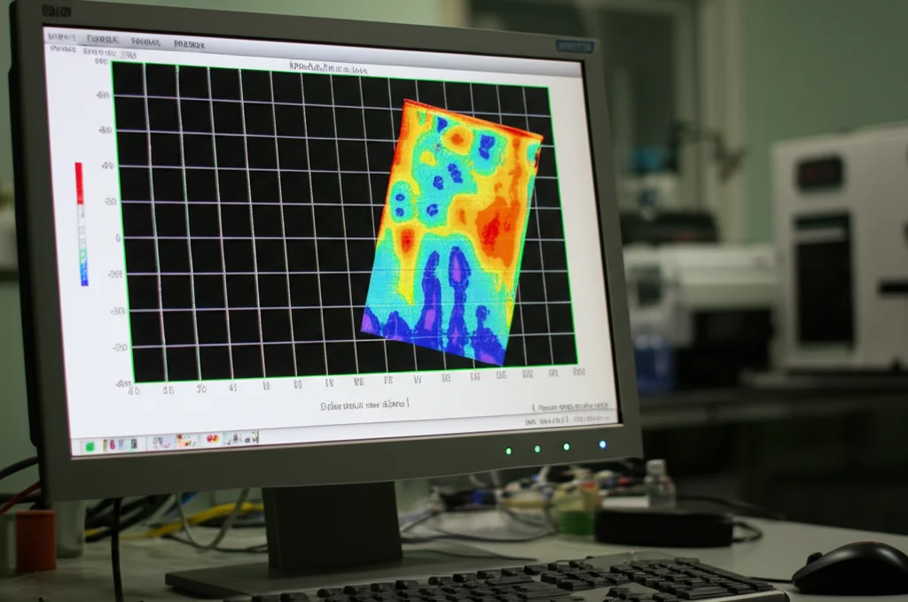 Immagine fotorealistica di uno schermo di computer in un laboratorio poco illuminato che mostra complessi dati di spettroscopia di fluorescenza 3D come mappe di contorno luminose, messa a fuoco nitida sullo schermo, leggero riflesso delle attrezzature di laboratorio visibile.