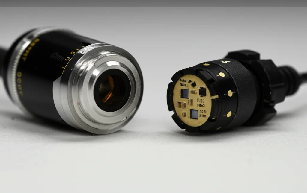 Macro fotografia, 60mm lens, che mostra i dettagli di un sensore di temperatura PT100 e di un sensore angolare magneto-elettrico affiancati su un banco di lavoro pulito, illuminazione controllata da studio, messa a fuoco precisa sui componenti elettronici.