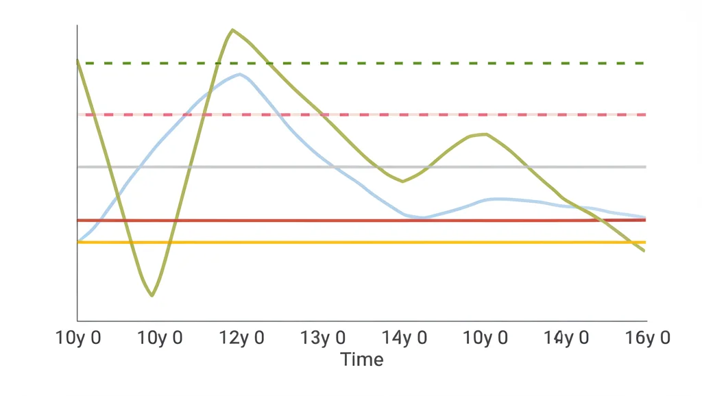 Grafico astratto generato al computer che illustra il concetto di confronto laterale-verticale dei dati dei sensori, mostrando tre linee di dati nel tempo che vengono confrontate tra loro e con una linea di base storica, evidenziando un punto di anomalia. Stile pulito e moderno.