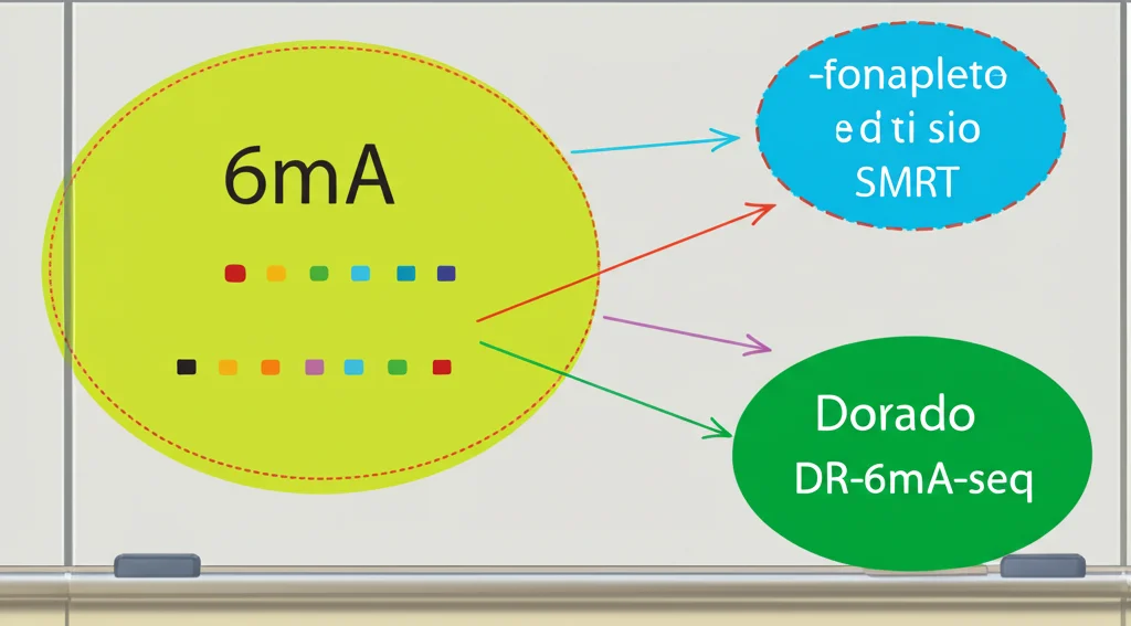 Diagramma di Venn fotorealistico e complesso disegnato su una lavagna scientifica, che mostra le sovrapposizioni e le differenze nei siti 6mA identificati da SMRT, Dorado ottimizzato e DR-6mA-seq nel genoma di E. coli. Illuminazione da aula, gesso colorato, effetto profondità.