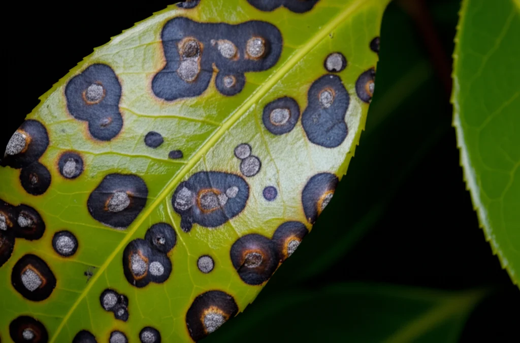 Fotografia macro di una foglia di Camellia oleifera con evidenti sintomi di antracnosi causata da funghi pestalotioidi. Lesioni scure e necrotiche con aloni giallastri, illuminazione laterale controllata per evidenziare la texture della malattia, obiettivo macro 90mm, alta definizione, messa a fuoco precisa.
