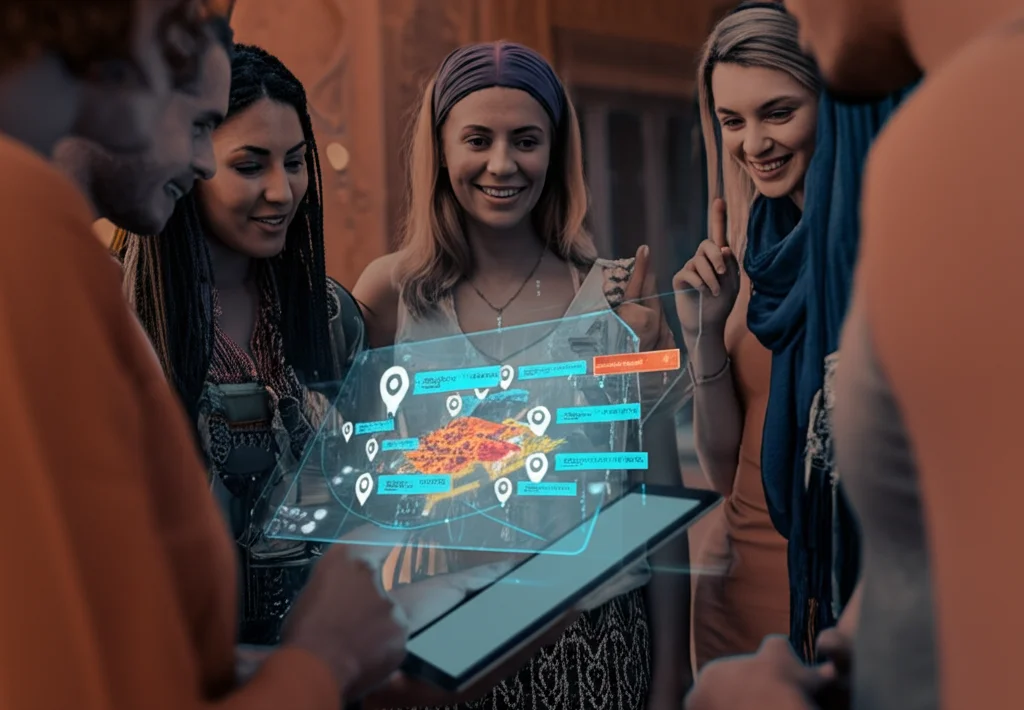 Fotografia stile ritratto, 35mm prime lens, un gruppo eterogeneo di turisti interagisce con un'interfaccia digitale futuristica su tablet che mostra raccomandazioni di viaggio personalizzate (monumenti, ristoranti) su una mappa olografica di Marrakech, profondità di campo ridotta per focalizzare sui volti sorridenti, duotono blu e arancione per un look moderno e accogliente.