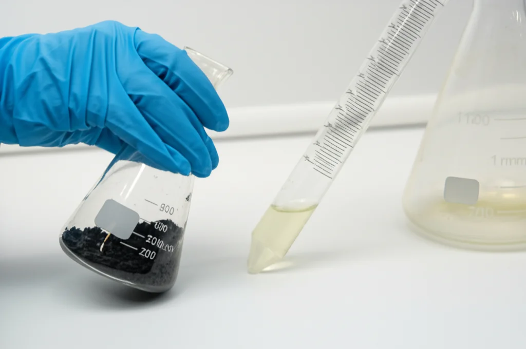 Fotografia di laboratorio, lente 50mm, profondità di campo media, mostra una mano guantata che tiene una beuta contenente biochar Fe@BC usato, mentre versa acido cloridrico da un cilindro graduato per il processo di desorbimento/rigenerazione.