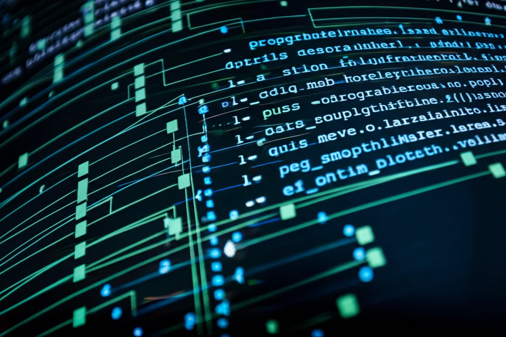 Fotografia macro, 100mm macro lens, dettaglio di un codice informatico astratto su uno schermo curvo ad alta risoluzione, linee luminose rappresentano flussi di dati e nodi decisionali dell'algoritmo MOC-MAB, illuminazione controllata per evidenziare la complessità, messa a fuoco precisa su una sezione chiave del codice, alta definizione.