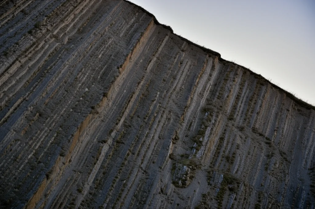 Fotografia paesaggistica di un pendio montuoso con evidenti strati rocciosi inclinati, obiettivo grandangolare 20mm, luce del tardo pomeriggio per accentuare le ombre e la texture, messa a fuoco nitida sull'intera scena, potenziale area di frana visibile.
