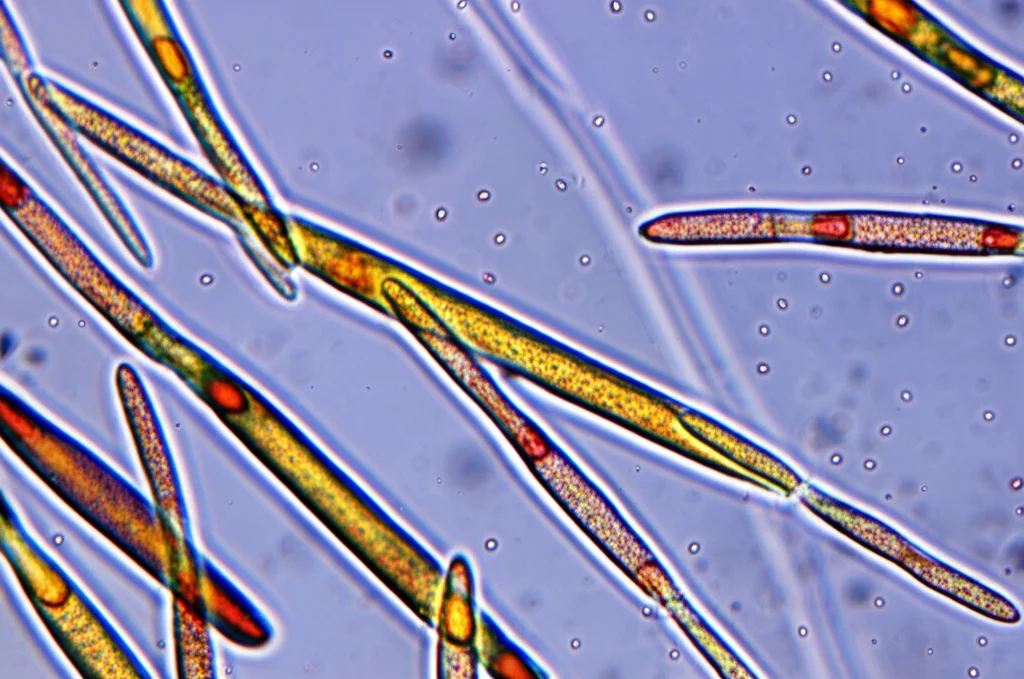 Microfotografia ad alto ingrandimento di conidi (spore) del fungo Pestalotiopsis hispanica. Spore fusiformi con 4 setti, cellule mediane colorate e appendici apicali e basali visibili. Illuminazione a campo chiaro, obiettivo 100x, alta risoluzione, dettagli precisi delle strutture cellulari.