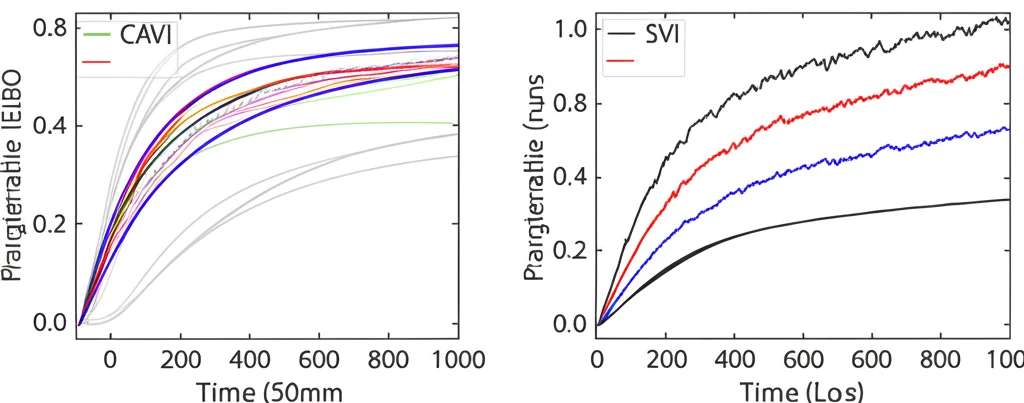 Due grafici affiancati che mostrano le traiettorie di convergenza dell'ELBO. A sinistra, CAVI mostra curve lisce che convergono rapidamente. A destra, SVI mostra curve rumorose che convergono più lentamente ma potenzialmente a valori migliori. Prime lens, 50mm, depth of field per focalizzare sui grafici, colori contrastanti per le due curve.