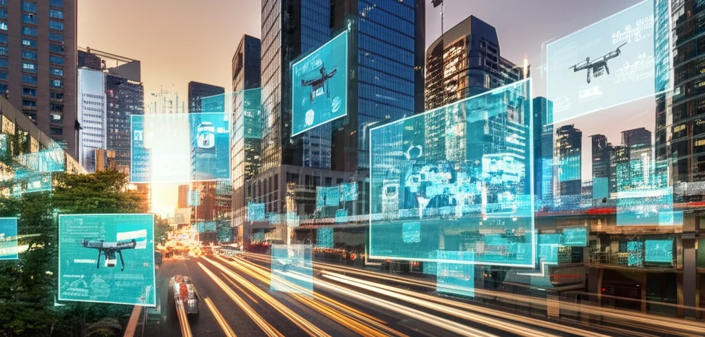 Fotografia wide-angle, 15mm wide-angle lens, un paesaggio urbano futuristico di una smart city al tramonto, con droni che consegnano pacchi e display olografici che mostrano informazioni personalizzate ai passanti, lunga esposizione per scie luminose del traffico, messa a fuoco nitida sull'intera scena, colori caldi del cielo contrastano con le luci blu della tecnologia.