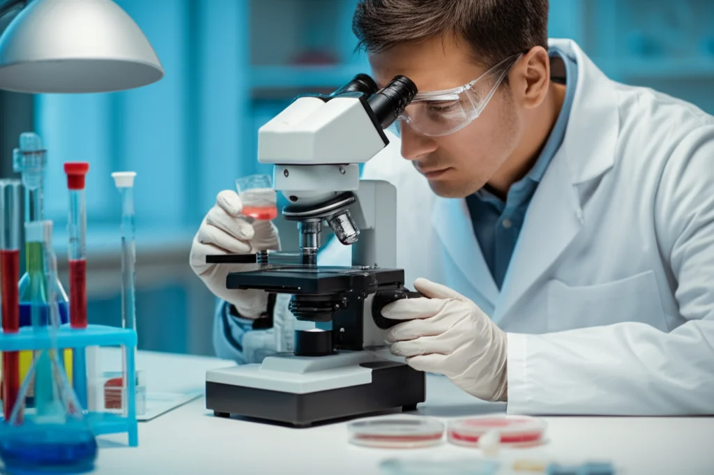 Ricercatore in laboratorio che esamina al microscopio campioni di foglie di Camellia oleifera infette da funghi. Ambiente di laboratorio pulito, strumentazione scientifica visibile (microscopio, capsule Petri), luce focalizzata sull'area di lavoro, obiettivo prime 35mm, profondità di campo ridotta.