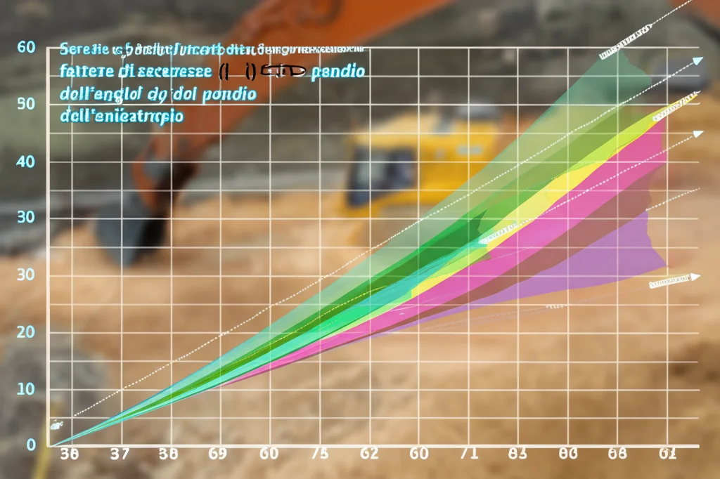 Serie di grafici scientifici sovrapposti a una foto sfuocata di un cantiere geotecnico, i grafici mostrano la variazione del fattore di sicurezza al variare dell'angolo del pendio e dell'anisotropia, stile infografica moderna, colori chiari e leggibili.