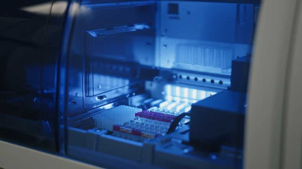 Primo piano di un tecnico di laboratorio che carica campioni di DNA in una macchina per il sequenziamento dell'esoma (WES), luci LED bluastre che illuminano la strumentazione high-tech, obiettivo 35mm, profondità di campo ridotta per focalizzare sulle mani e sulla macchina.