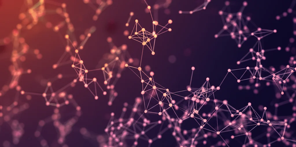 Visualizzazione 3D astratta di una rete di interazione proteica complessa, con nodi luminosi (proteine) collegati da linee (interazioni) su sfondo scuro, alcuni nodi e connessioni più spesse o luminose per indicare interazioni più forti, stile high-tech, obiettivo grandangolare 15mm per una vista ampia.