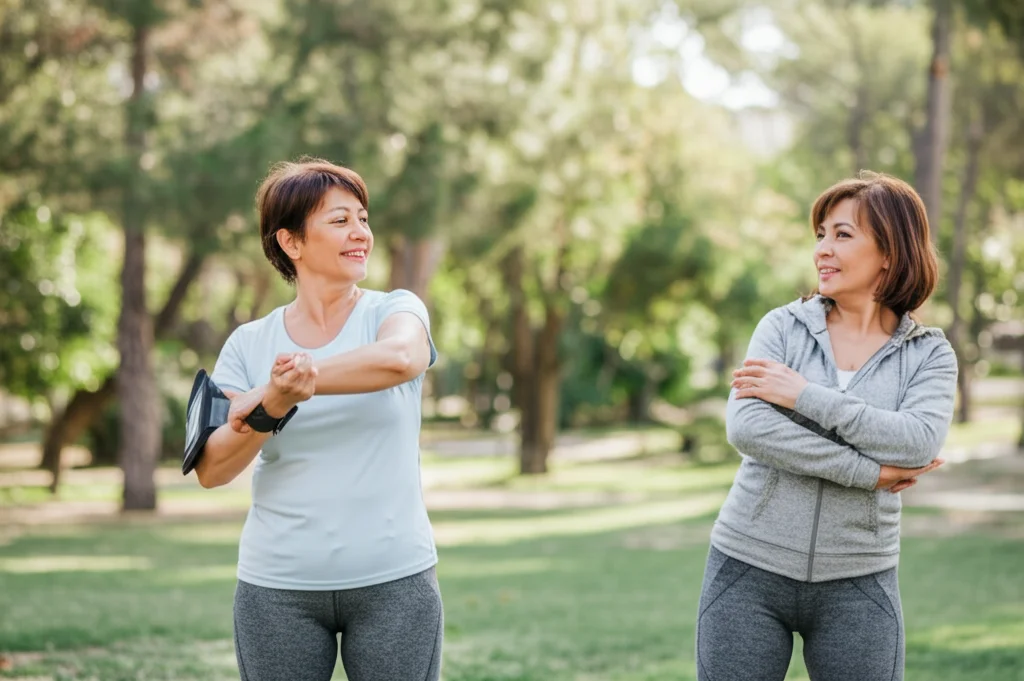 Due donne di mezza età sorridenti si incoraggiano a vicenda durante una sessione di stretching leggero in un parco cittadino. Luce mattutina diffusa. Obiettivo prime 50mm, messa a fuoco selettiva sui loro volti, sfondo leggermente sfocato. Atmosfera positiva e di supporto reciproco.