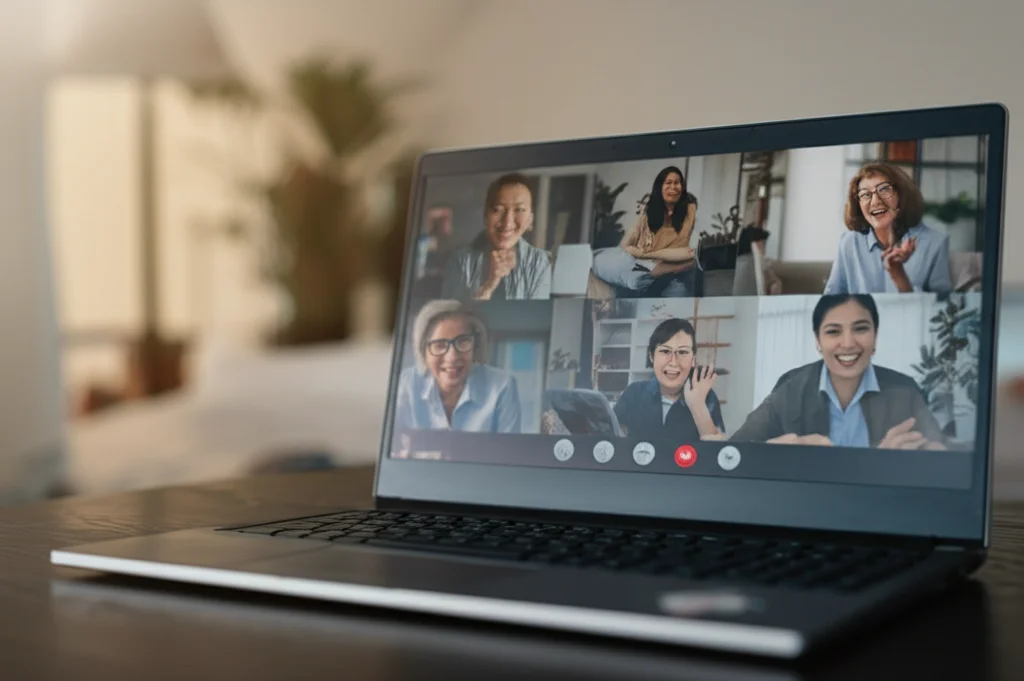 Schermo di un computer portatile che mostra una videochiamata di gruppo su Zoom. Tre donne di età diverse, una delle quali sembra una professionista (QEP), discutono animatamente e sorridono. Illuminazione da ufficio casalingo. Obiettivo zoom standard 35-70mm, cattura l'interazione virtuale.