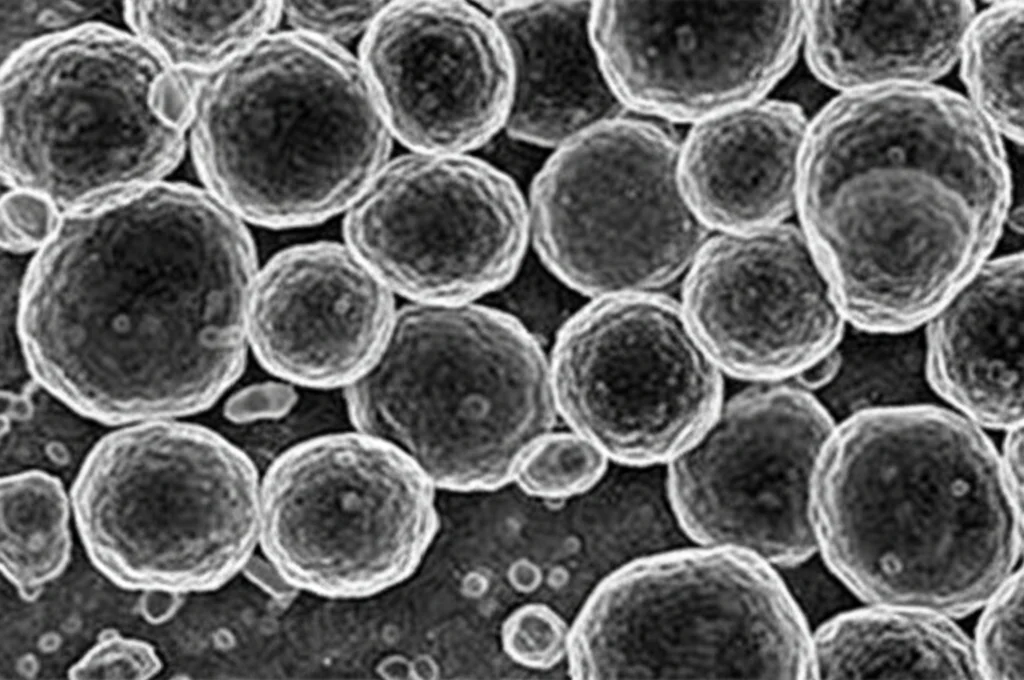 Immagine al microscopio elettronico di vescicole extracellulari (EVs) isolate da siero umano, visualizzate con alta risoluzione. Macro lens, 100mm, high detail, precise focusing, controlled lighting.