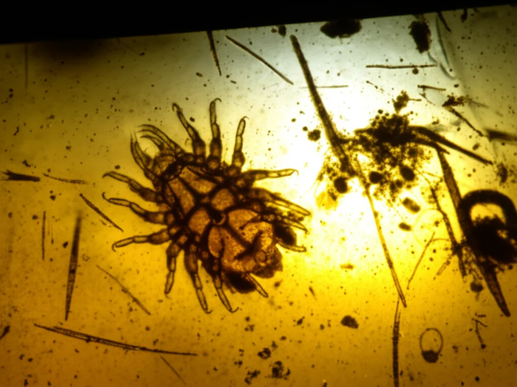 Fotografia macro di un pezzo di Rhynie Chert traslucido, focale 90mm, alta definizione, illuminazione controllata da dietro per evidenziare le inclusioni fossili microscopiche di un acaro Protacarus crani intrappolato nella selce.