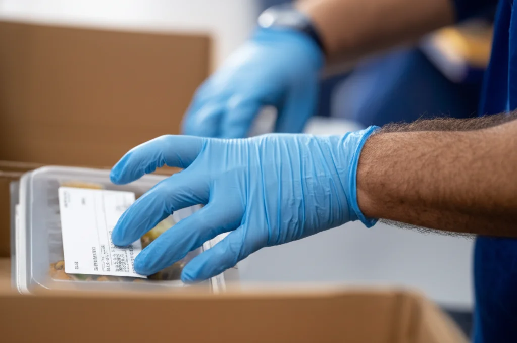 Fotografia macro di una mano guantata che ispeziona un pacco di cibo in un centro di distribuzione temporaneo post-disastro, luce controllata, messa a fuoco precisa sui dettagli dell'etichetta e sulla confezione, obiettivo macro 90mm.
