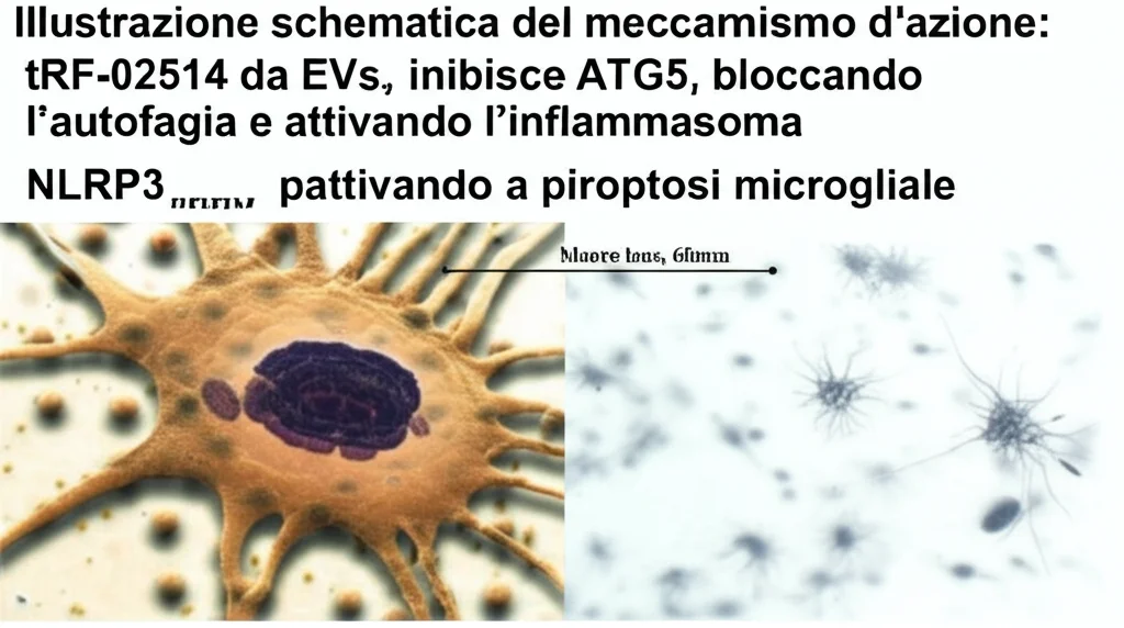Illustrazione schematica del meccanismo d'azione: tRF-02514 da EVs inibisce ATG5, bloccando l'autofagia e attivando l'inflammasoma NLRP3, portando a piroptosi microgliale. Macro lens, 60mm, high detail, controlled lighting.