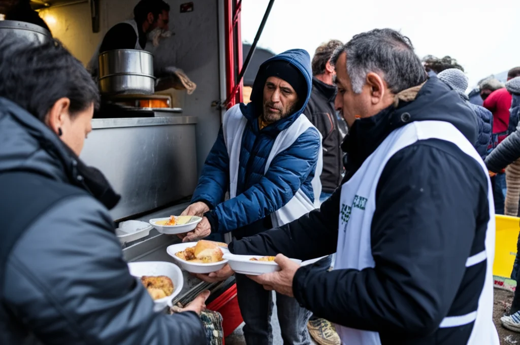 Scatto con teleobiettivo zoom (150mm) di volontari che distribuiscono pasti caldi da una cucina mobile in un campo profughi dopo un terremoto, catturando il movimento e l'interazione, velocità otturatore elevata per congelare l'azione.