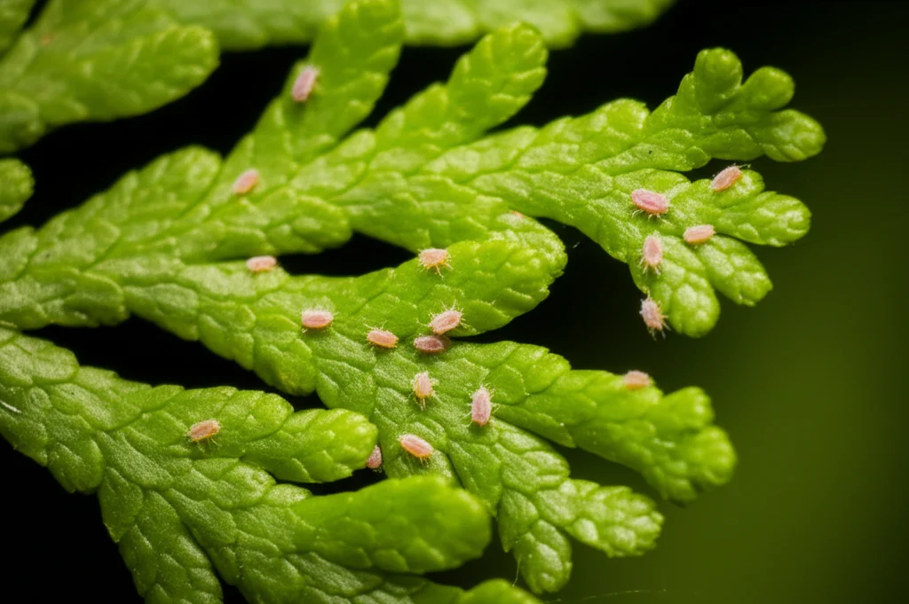 Immagine macro di minuscoli acari eriophyoidi stilizzati su una foglia di una pianta simile a una felce o conifera primitiva, focale 70mm, alta definizione, illuminazione naturale diffusa che evidenzia la texture della pianta e i piccoli acari.
