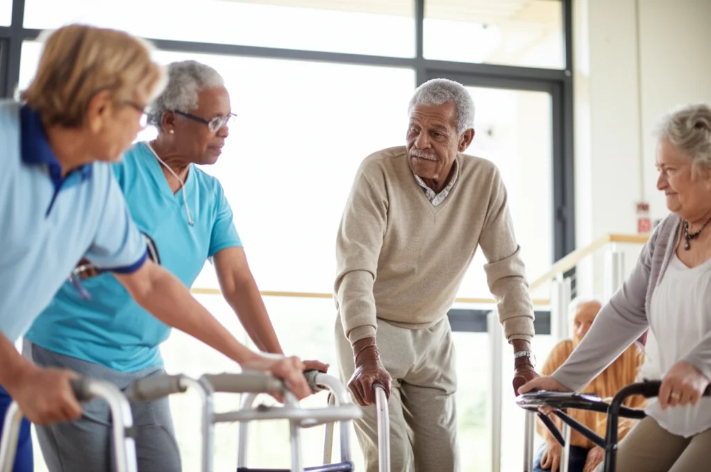Fotografia di un gruppo diversificato di anziani che partecipano a una sessione di fisioterapia leggera in una stanza luminosa. Alcuni usano deambulatori, altri fanno esercizi da seduti, espressioni concentrate ma serene. Obiettivo zoom 24-70mm, luce naturale, focus nitido sui volti e sui movimenti.