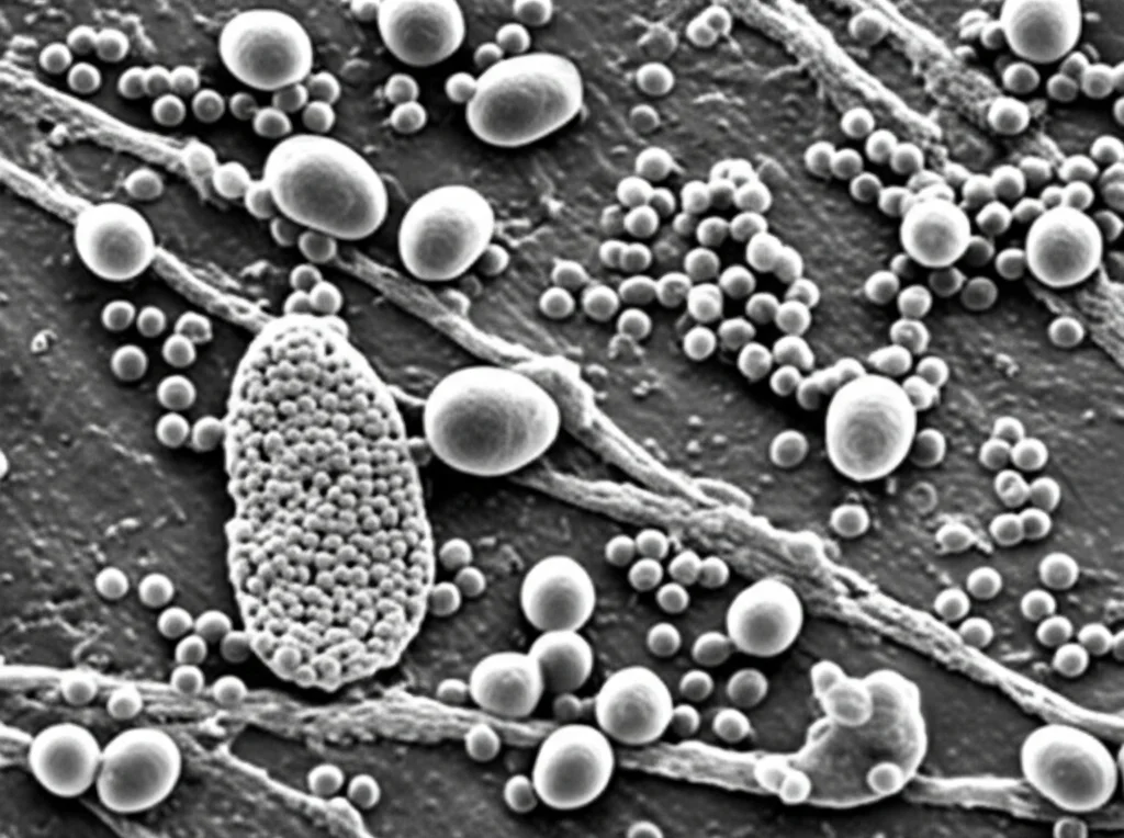 Microscopia elettronica a trasmissione ad alta risoluzione che mostra batteri Mollicutes pleomorfi (senza parete cellulare) con piccole vescicole extracellulari (EVs) che gemmano dalla loro membrana. Alcune EVs sono libere nello spazio circostante. Dettagli fini delle membrane visibili, illuminazione controllata. Obiettivo macro 100mm, alta definizione.